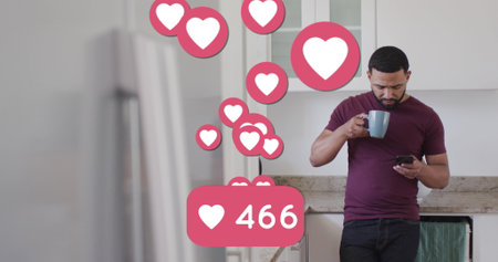 Image of numbers and social media heart icons over biracial man using smartphone. global...
