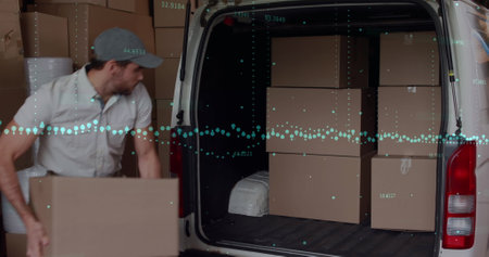 Image of financial graphs over caucasian male courier with packages. business, finance and delivery...
