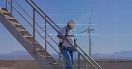 Image of financial data processing over wind turbine. global environment, sustainability, data...