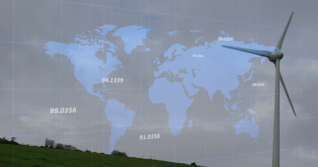 Image of financial data processing and world map over wind turbine. global environment,...