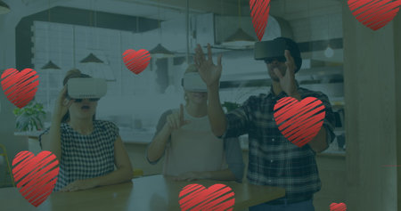 Friends wearing virtual reality headsets, exploring digital content. Biracial male and Asian female navigating virtual environments, Caucasian female laughingの写真素材
