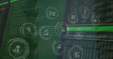 Image of tech icons and data processing on green digital screens. Data processing and technology...