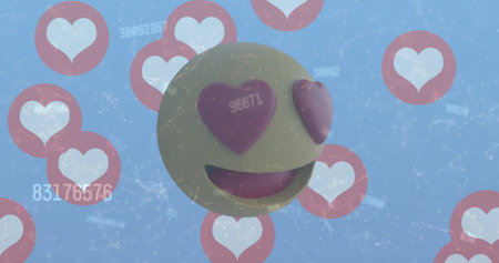 Image of multiple heart icons and network of connections over heart eyes face emoji. Social media networking and business technology conceptの写真素材
