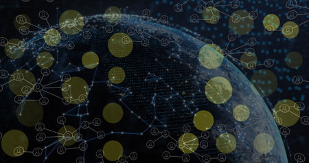 Image of dots blinking over connections and globe on black background. Global data processing, network, connections and technology concept digitally generated image.の写真素材