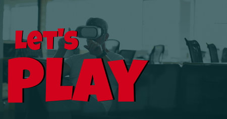 Image of lets play over caucasian man wearing vr headset. Games, communication and technology concept digitally generated image.の写真素材