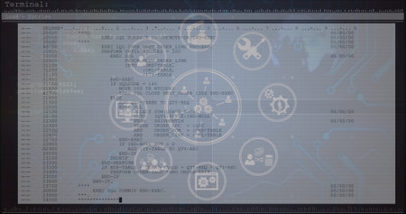 Image of tech icons and data processing on computer screen. Data processing and technology concept digitally generated image.の写真素材