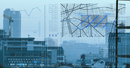 Image of interface with data processing against aerial view of cityscape. Computer interface and business technology conceptの写真素材