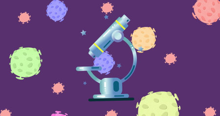 Image of falling colorful covid 19 cells over microscope. education and learning during covid19...
