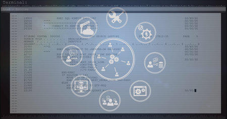 Image of icons over data processing on white background. Global technology, computing and digital interface concept digitally generated image.の写真素材