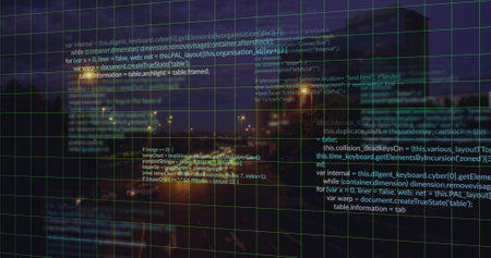 Image of data processing over cityscape. global business and digital interface concept digitally...