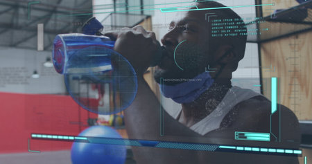 Image of data processing over african american men drinking water. nutrition and hydration week concept digitally generated image.の写真素材