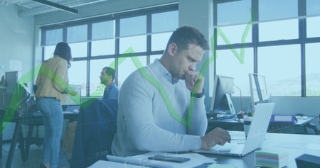 Image of green line and data processing over businessman. Global business, finance, computing and...