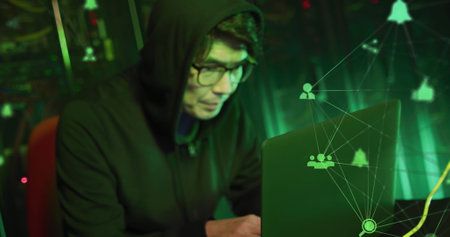 Image of social media icons and numbers over businessman and cityscape. Global technology connections and data processing concept digitally generated image.の写真素材