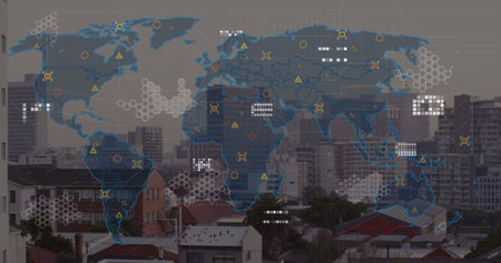 Digital map overlaying cityscape, showing various data points. Blue and yellow icons represent...