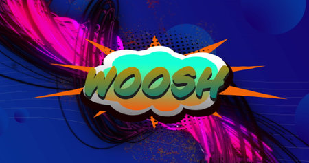 Image of woosh text on retro speech bubble and patterned background. Vintage communication and...
