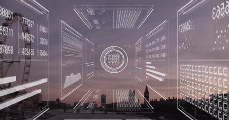 Image of data processing over london cityscape. Global business, finances, computing and data...
