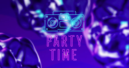 Image of party time text over blue liquid background. Retro future and pattern concept digitally generated image.の写真素材