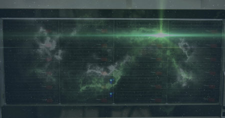 Image of moving shapes over server room. Global business and digital interface concept digitally...