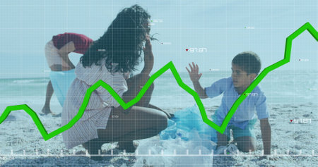 Image of data processing over biracial family cleaning beach. Global ecology and digital interface concept digitally generated image.の写真素材