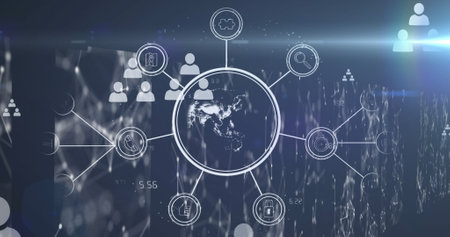 Image of globe with network of connections with data processing. Global connections, networks and data processing concept digitally generated image.の写真素材