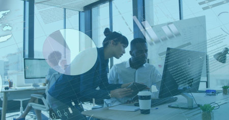 Image of financial data processing over diverse business people in office. Global finance, business,...