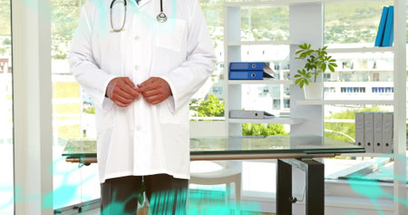 Image of chemical formulas and data processing over happy caucasian senior male doctor. medicine, health and technology concept digitally generated image.の写真素材