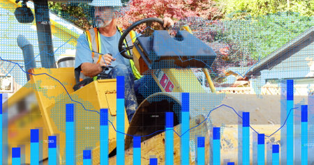 Image of a blue graph forming on a grid over Caucasian male worker riding on a steamroller. Finance...