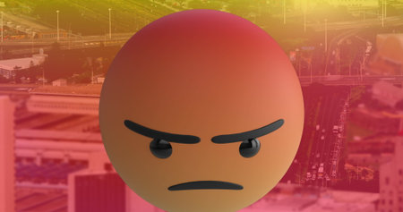 Digital composition of multiple changing face emojis against cityscape in background. social media...