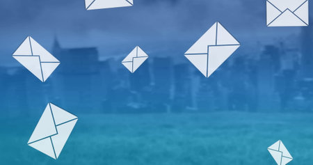 Image of multiple email envelope icons over cityscape. global social media network, connection, communication and technology concept digitally generated videの写真素材