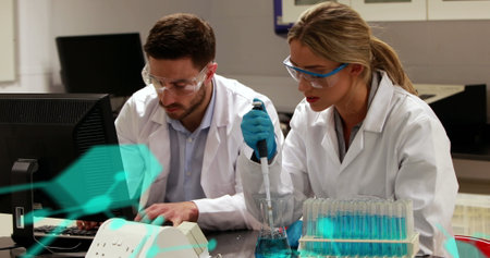 Image of formulas and data processing over caucasian female and male lab workers. medicine, health...