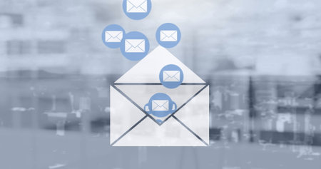 Image of email envelope icons over cityscape. global social media network, connection, communication and technology concept digitally generated videの写真素材