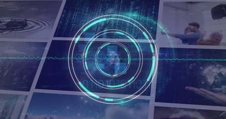 Image of scope scanning and data processing on screens. global connections, data processing and digital interface concept digitally generated image.の写真素材