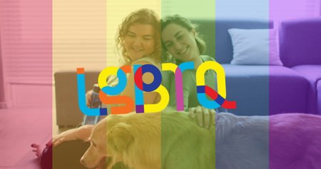 Image of lgbtq over happy caucasian lesbian couple with dog at home. supporting lgbt rights and gender equality digitally generated image.の写真素材