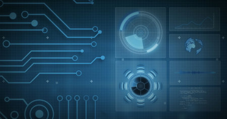 Image of data processing over dark background. Global science, connections, data processing and...