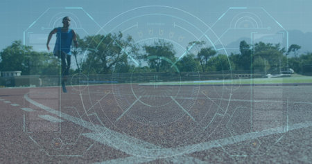 Image of data processing over disabled african american male runner. Global sport and digital interface concept digitally generated image.の写真素材
