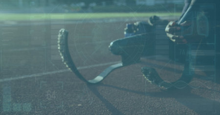 Image of data processing over men man with a disability. Global business, finances, data processing and digital interface concept digitally generated image.の写真素材