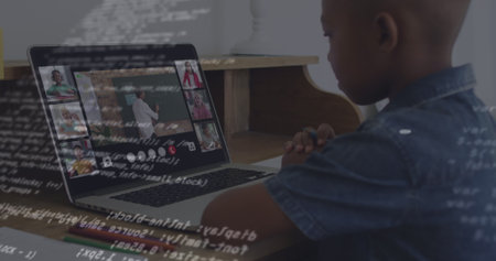 Image of graphs and data processing over african american boy having online lessons on laptop....