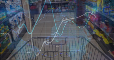 Image of statical data processing over world map against empty shopping cart at grocery store. Global economy and retail business conceptの写真素材