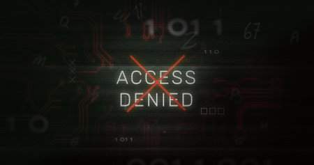Image of access denied text and data processing over computer motherboard. Global online security, computing and data processing concept digitally generated image.の写真素材