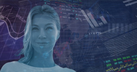 Image of data processing over caucasian woman. Global business and digital interface concept digitally generated image.の写真素材