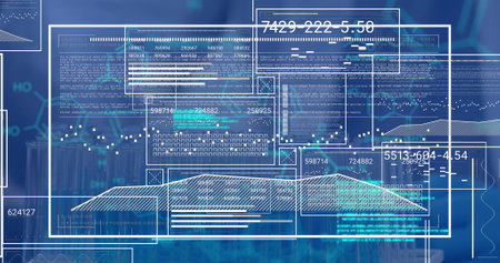 Image of data on digital screen on blue background. Digital interface and technology concept...