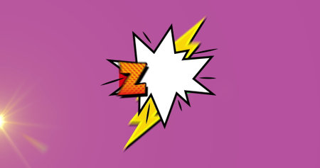 A bright yellow lightning bolt graphic stands out against purple background. Yellow flashes surround bolt, creating a dynamic effectの写真素材