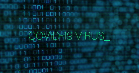 Image of covid 19 virus text in green and interference over binary data processing. Technology, coronavirus, pandemic, data and healthcare concept digitally generated image.の写真素材