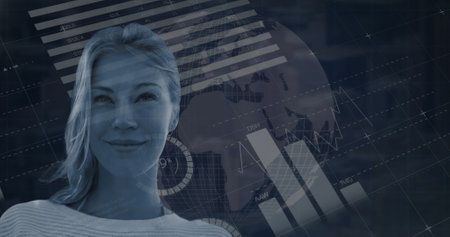 Image of data processing over caucasian woman. Global business and digital interface concept digitally generated image.の写真素材