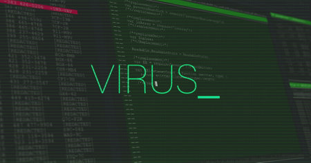 Image of virus text over data processing. Global business and digital interface concept digitally generated image.の写真素材