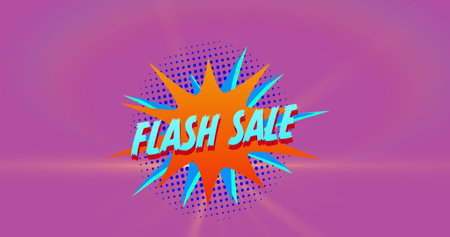 Image of flash sale text over retro star speech bubble on pink background. Sales, retail and vintage communication concept digitally generated image.の写真素材