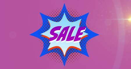 Image of huge sale text over retro star speech bubble on pink background. Sales, retail and vintage communication concept digitally generated image.の写真素材