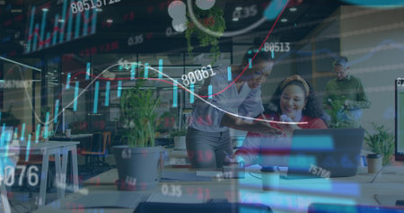 Image of financial data processing over diverse businesswomen. Global networks, business, finance, computing and data processing concept digitally generated image.の写真素材