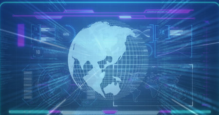 The image shows data processing on a blue background. It may represent global social media or...