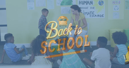 Image of back to school text and school bus icon over diverse teacher and schoolchildren. Global...